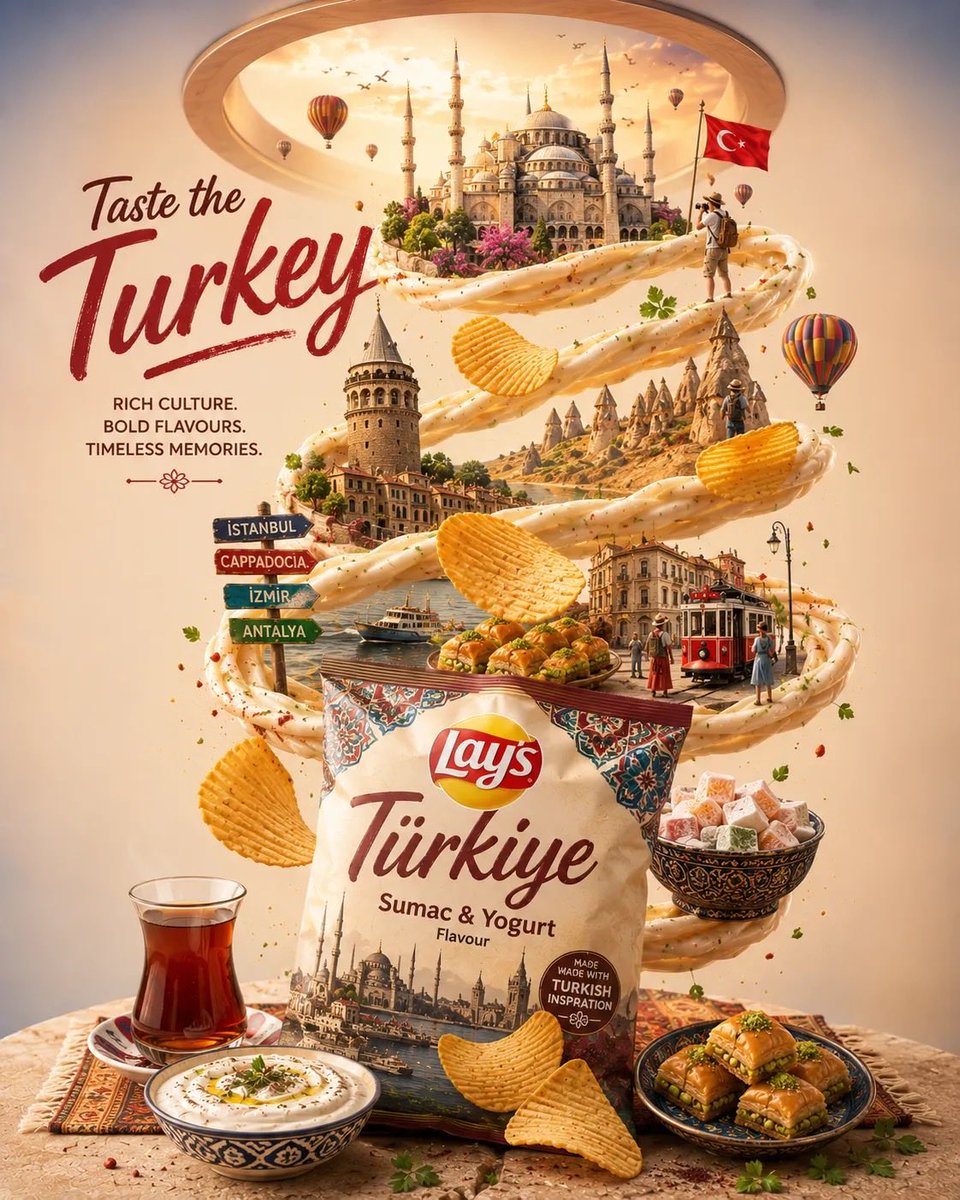 A vertical luxury ad where a chips packet anchors the bottom while a swirl of sauce and steam climbs past city landmarks, with floating chips and tiny…