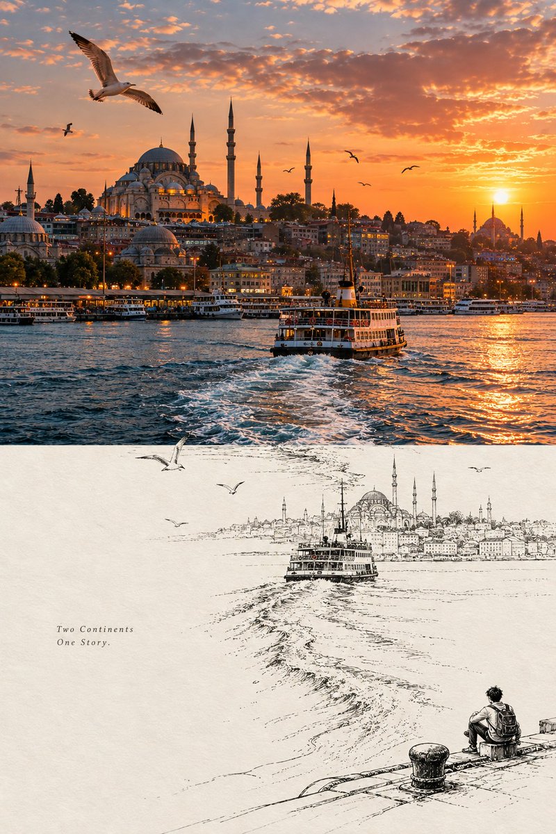 Travel Photo Turning Into Ink Sketch Poster — AI result, variation 3 of 4