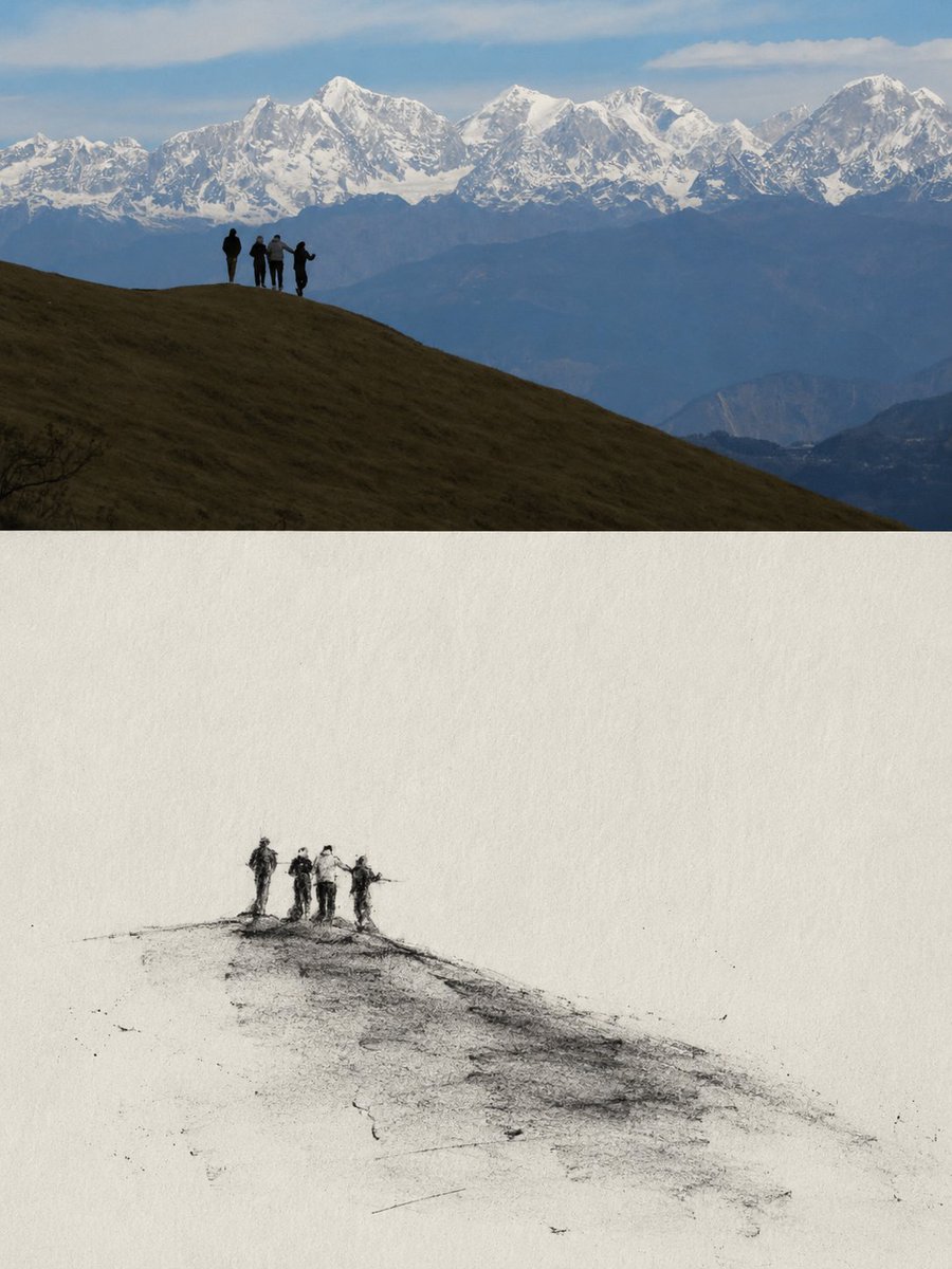 Travel Photo With Fading Charcoal Sketch Below — AI result, variation 2 of 2