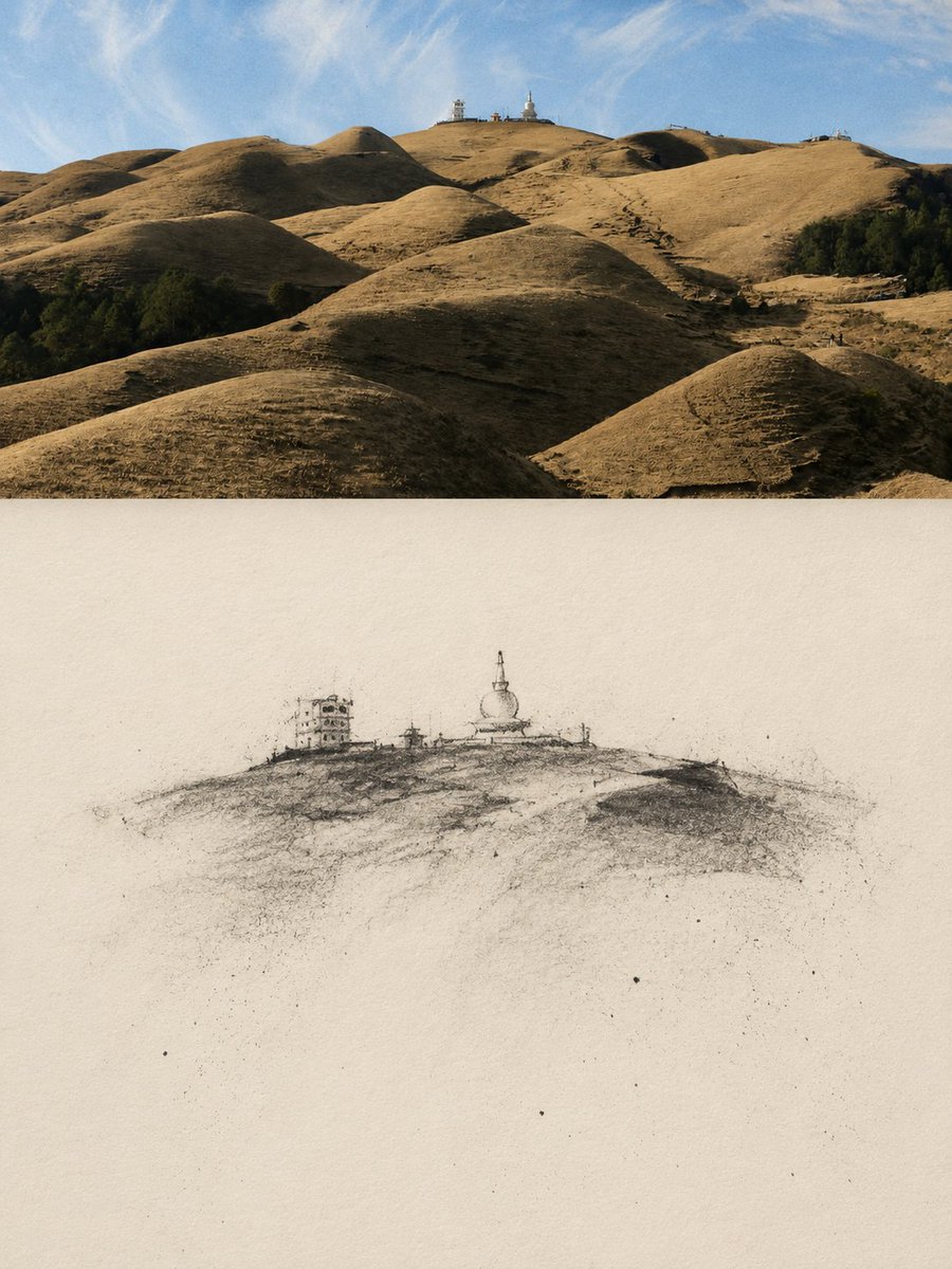 A photo of a journey sits above a quiet charcoal study of its most memorable element, which seems to dissolve into bare warm paper. The contrast between the…
