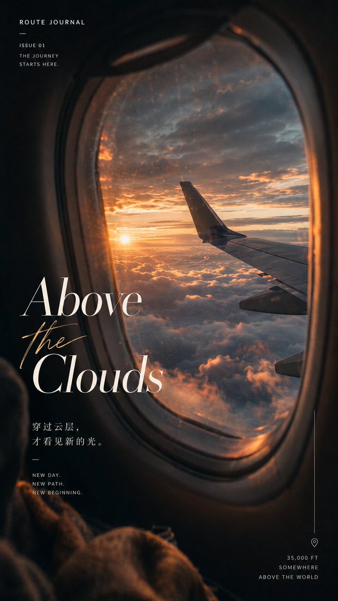A cinematic poster seen through a passenger window, with streaking foreground scenery, a bright outside world against a dim cabin, and a serif title caught in…
