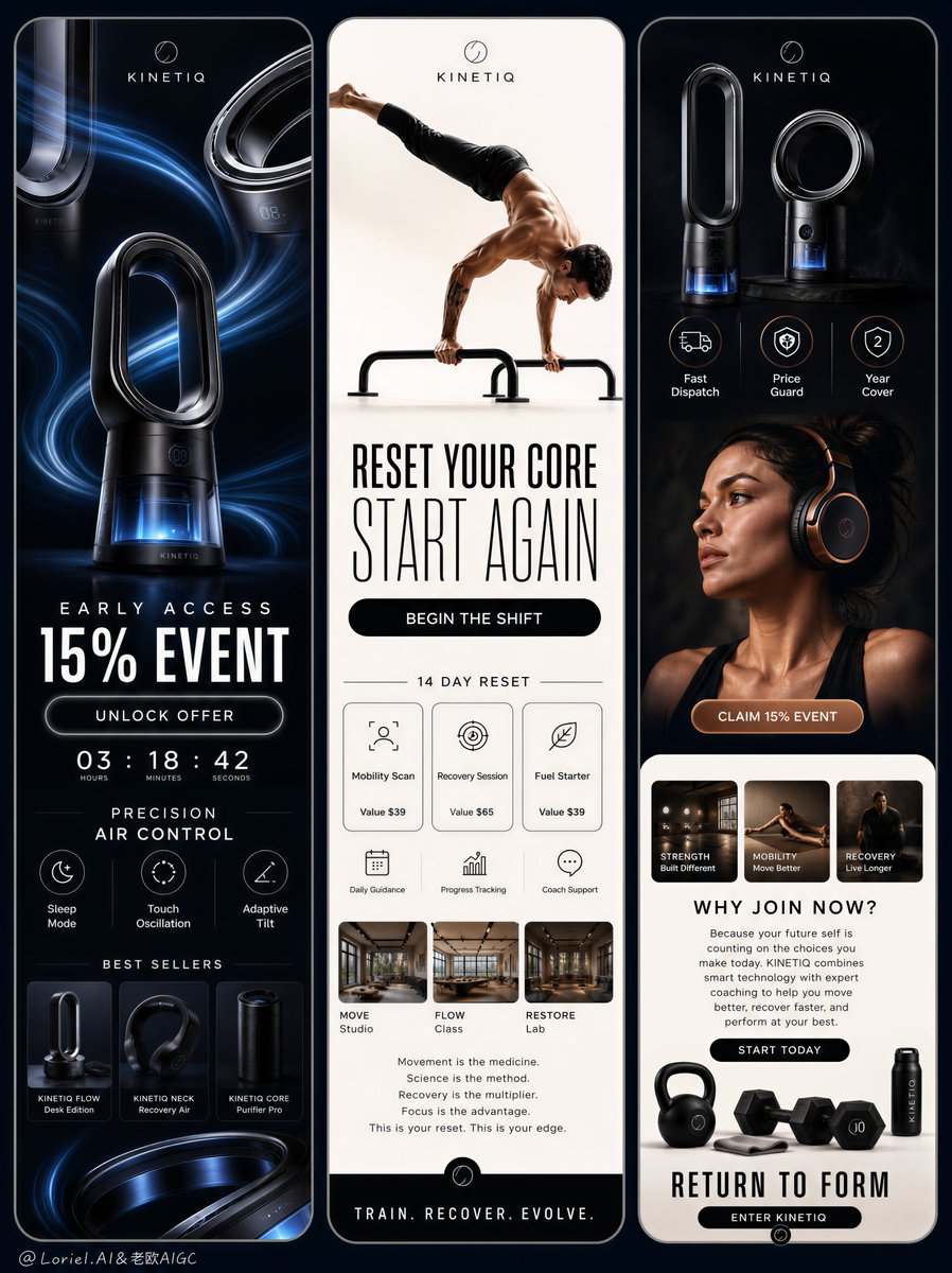 Three tall rounded story panels sit side by side on a midnight-navy field: a dark hardware sale, a bright calisthenics membership card, and a hybrid…