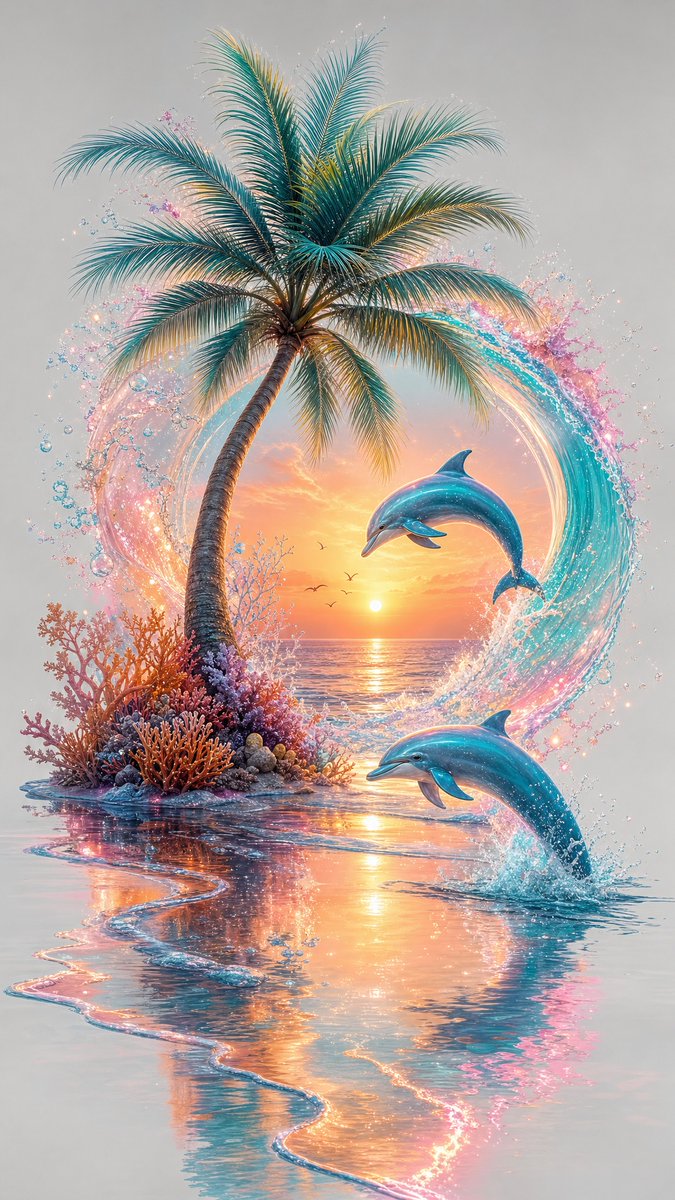 A circular window frames a golden sunset over calm water, with a palm tree leaning in and glossy blue dolphins caught mid-leap. Iridescent splashes and…
