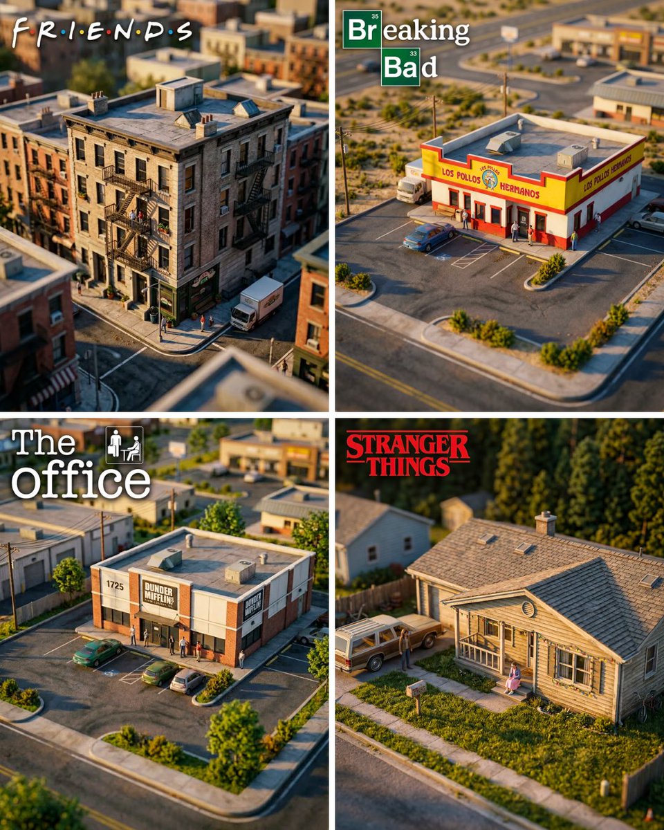 A scale-model look of a television set location, shot from a high angle so the building fills most of the frame. Tilt-shift blur turns the edges soft and…