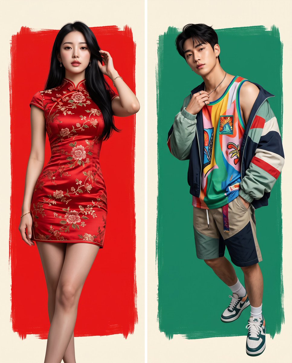 A vertical editorial poster split into two panels: a woman in a red embroidered mini dress on a Chinese-red brush background, and a man in a bright streetwear…