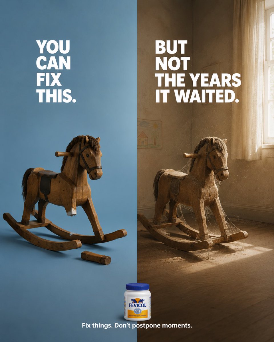 A minimalist diptych shows the same wooden rocking horse repaired on both sides: first on a pastel backdrop, then gathering dust in an empty bedroom. The…