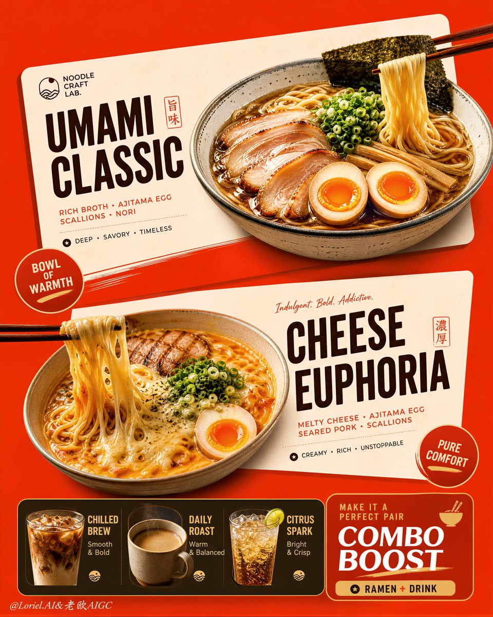 A bold orange-red restaurant poster where two ramen bowls sit on slanted cream cards, one with a jammy egg and one with a molten cheese pull. A narrow drink…