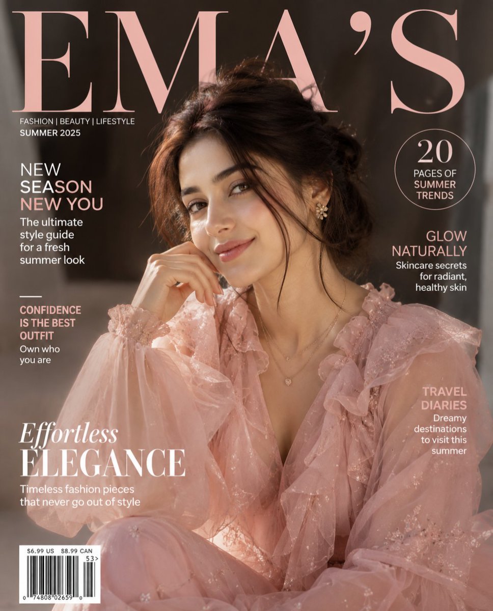 A glossy cover-style portrait where a poised woman with a soft updo sits against a blurred neutral backdrop, while bold masthead lettering and small cover…