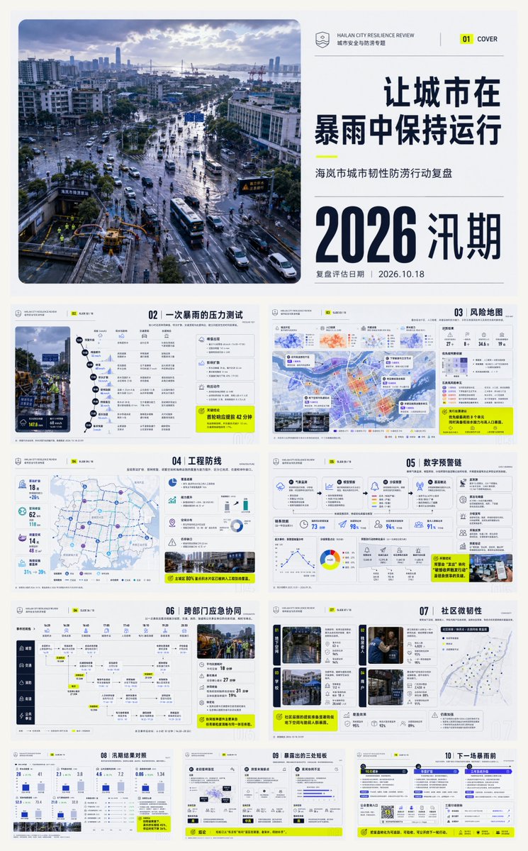 A 10-slide report deck reviewing how a city kept running through a storm, from the hour-by-hour rain peak to the 90-day repair roadmap. Aerial documentary…