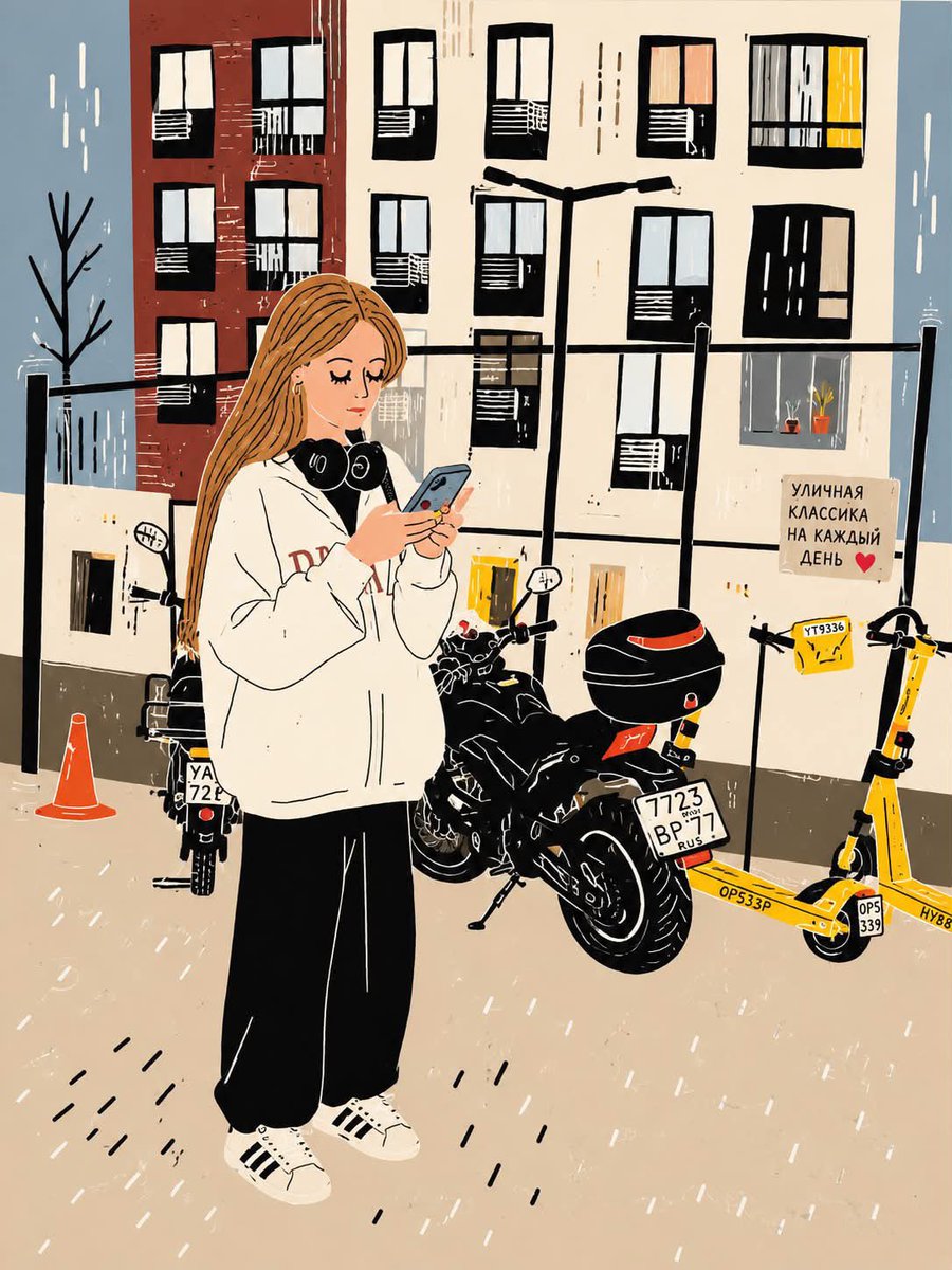 A photo of a person in an everyday city scene becomes a flat, hand-drawn poster with bold black outlines and a grainy paper finish. Beige, brick red and slate…