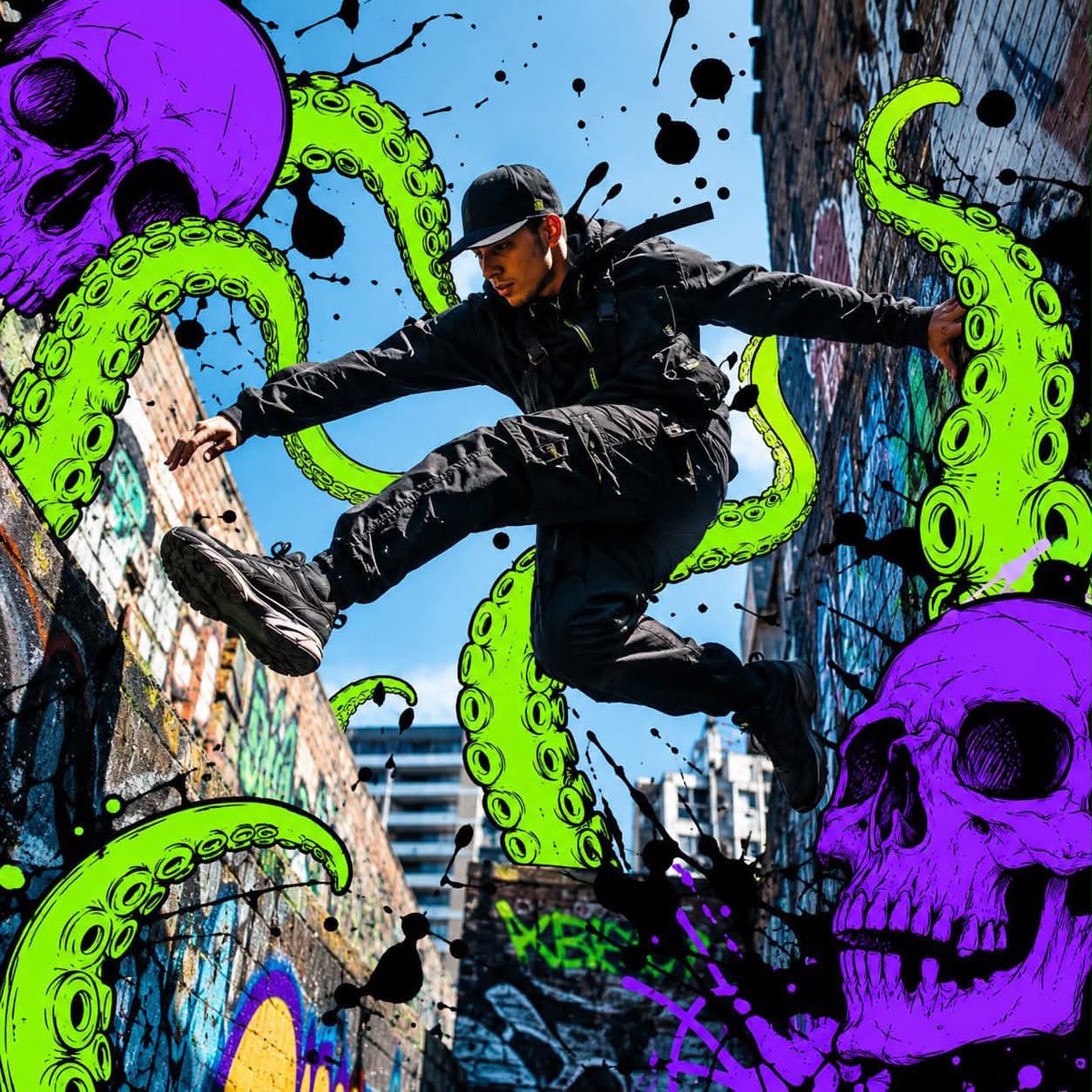 Urban Portrait with Neon Cartoon Overlays — AI result, variation 3 of 3