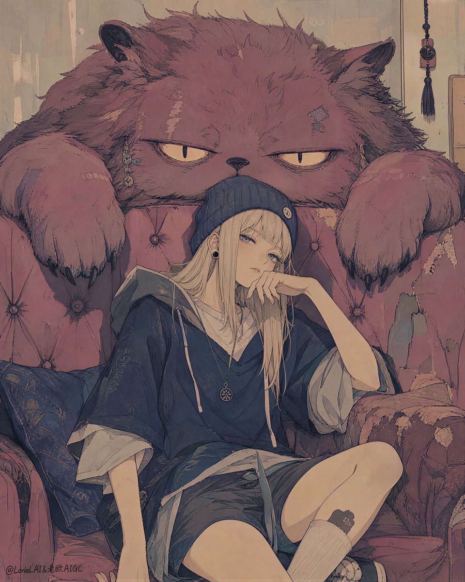 A young caretaker rests on a worn sofa while an oversized plush spirit drapes over the backrest like a sleepy tenant. Flat matte shapes and dusty…