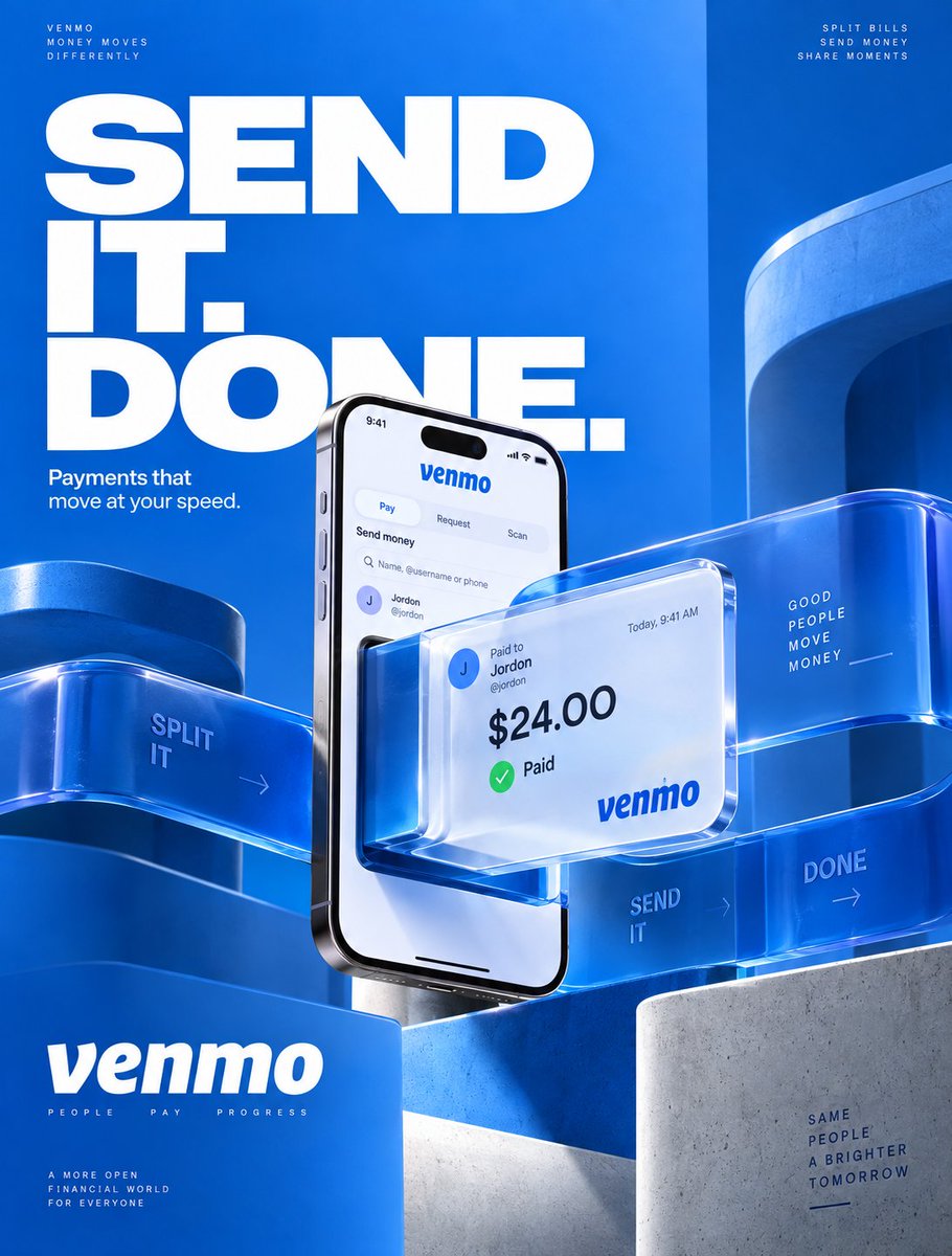 A cobalt-blue vertical ad where a payment card rises from a smartphone screen and becomes a sculptural, layered object. Oversized white type sits in the upper…