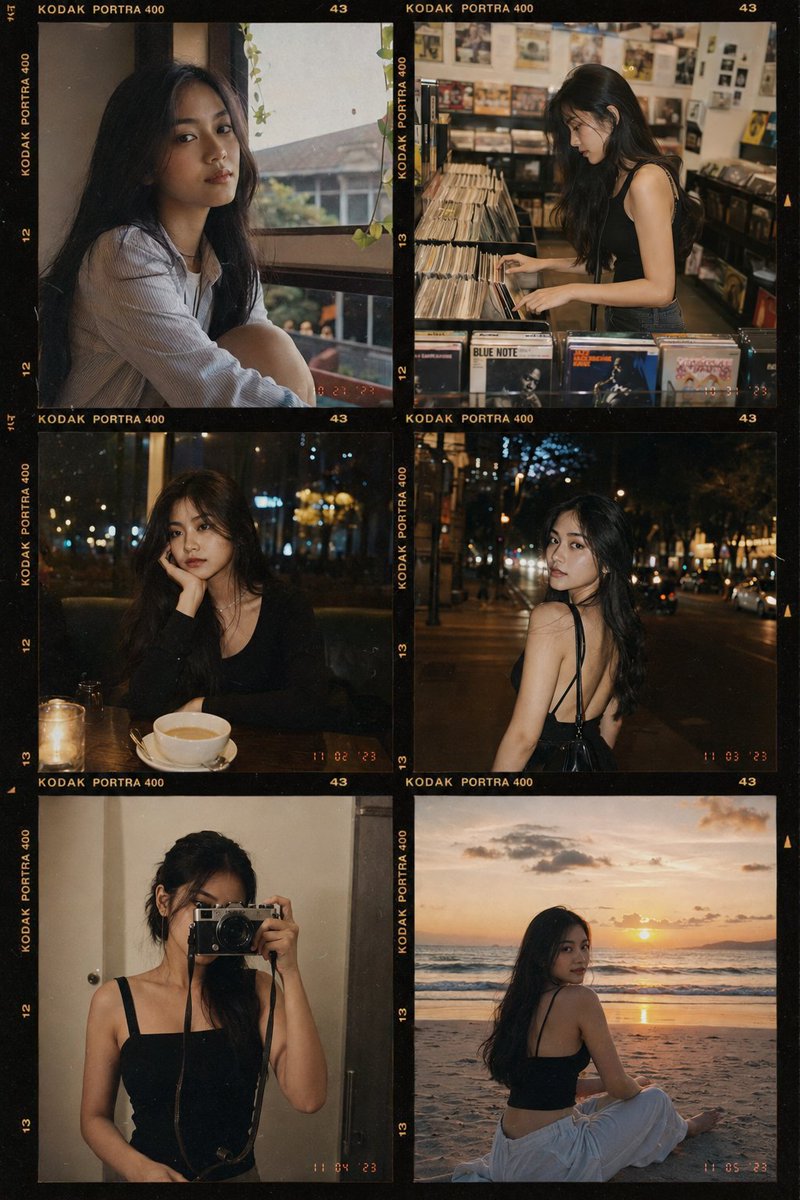 Six candid moments of one young woman laid out like a roll of Kodak film, from a window nap to a sunset beach walk. The grain, faded warmth and light leaks…