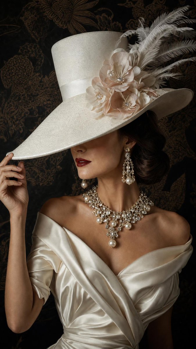Vintage Couture Hat Portrait in Ivory and Pearls — AI result, variation 2 of 4
