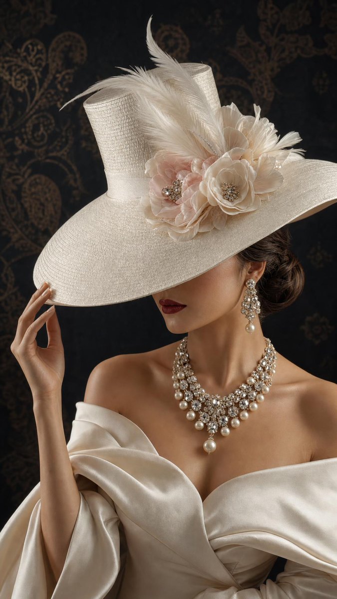Vintage Couture Hat Portrait in Ivory and Pearls — AI result, variation 3 of 4