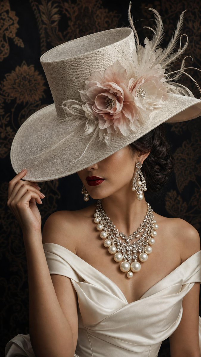 Vintage Couture Hat Portrait in Ivory and Pearls — AI result, variation 4 of 4
