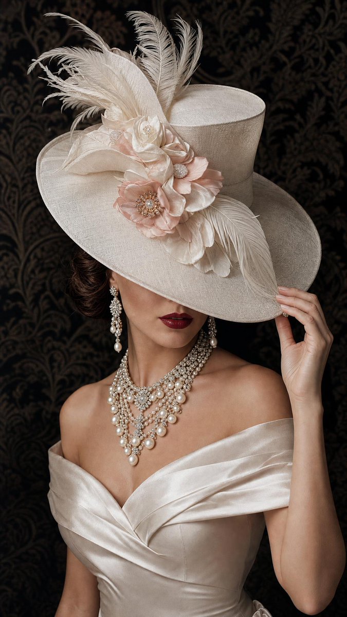 A close, cinematic fashion portrait where a sculptural ivory hat with blush flowers and feathers takes centre stage. Pearls, crystals and satin add a quiet…