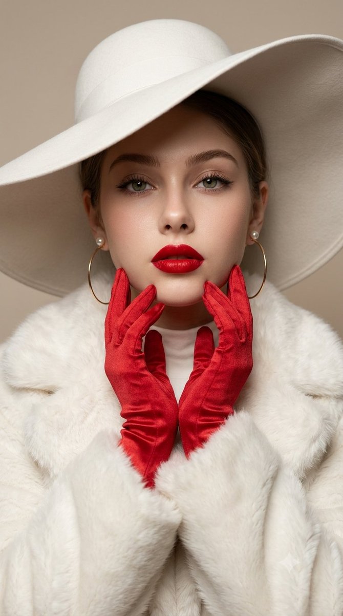 A close, luminous portrait of a woman in a wide white hat, pearl studs and red satin gloves, cradling her face against a soft beige backdrop. The lighting…