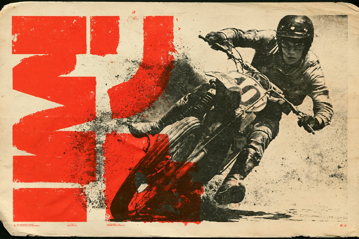 The picture reads as an old advertising poster pulled from a press: two flat ink colors, bold posterized shading, and paper that looks worn at the corners.…