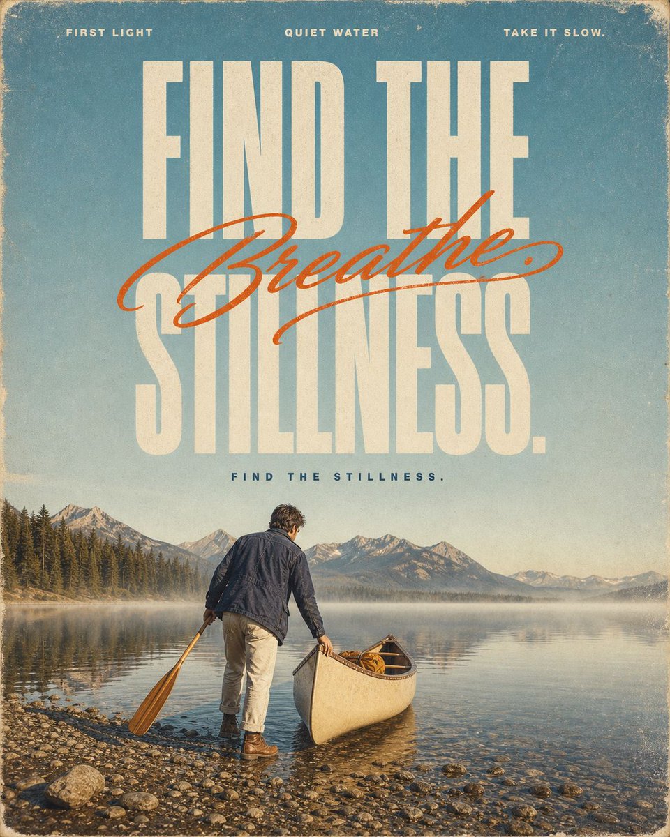 A weathered-paper poster with a towering condensed headline, one orange handwritten word cutting across it, and a small figure seen from behind in golden-hour…