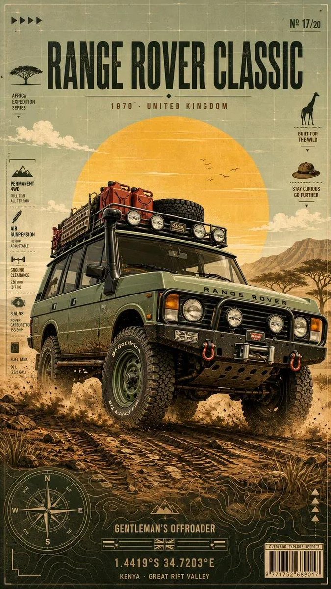 A classic off-road truck charges low and head-on through churned mud and dust, with a glowing sun behind mountains and acacia trees. Faded print grain and…
