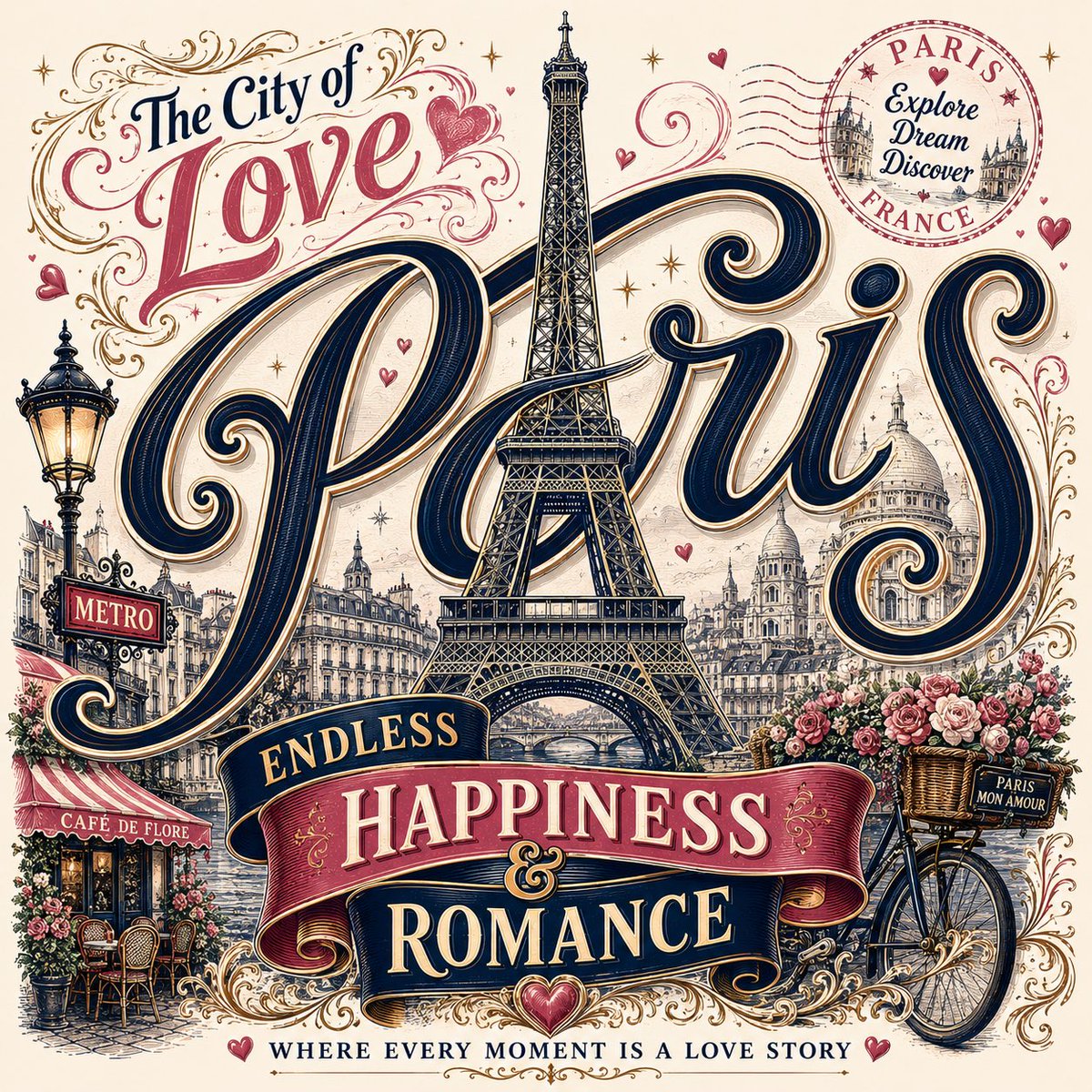 A 1:1 travel poster where the Eiffel Tower is woven into oversized script spelling Paris, framed by navy and blush pink flourishes on cream. It reads like a…