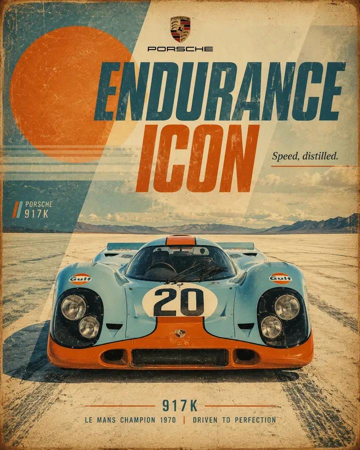 A front-facing hero shot of a race car sits low and centered against layered geometric shapes and a large sun, all printed with faded, sun-bleached tones. The…