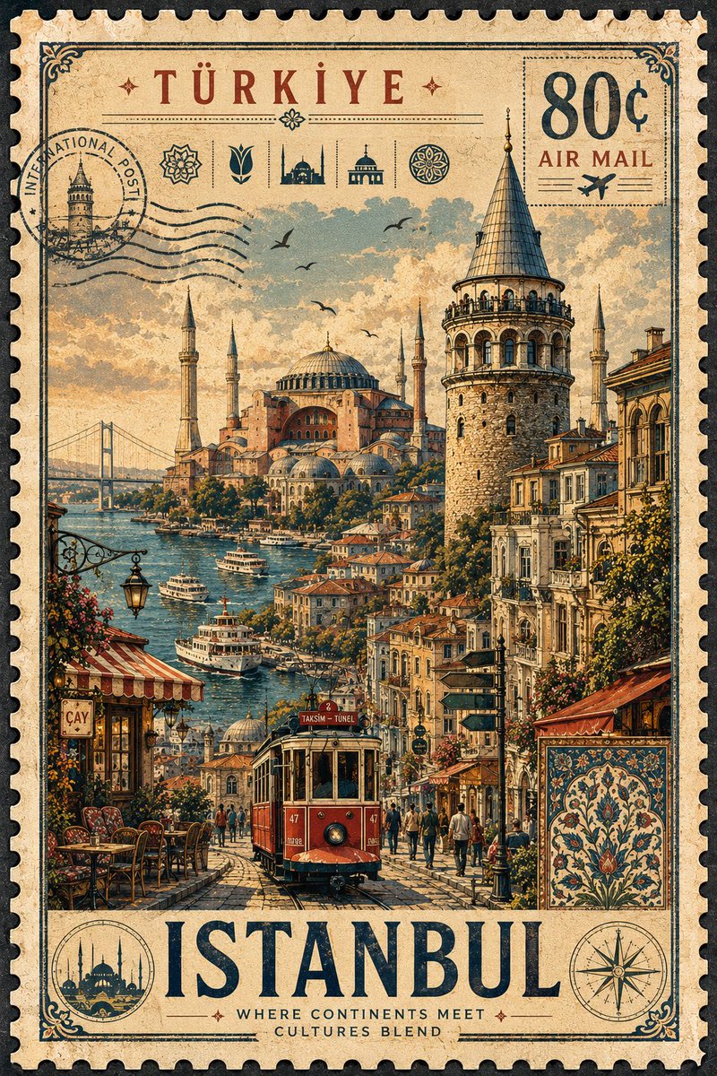 Vintage Travel Stamp Illustration With Perforated Border — AI result, variation 2 of 2