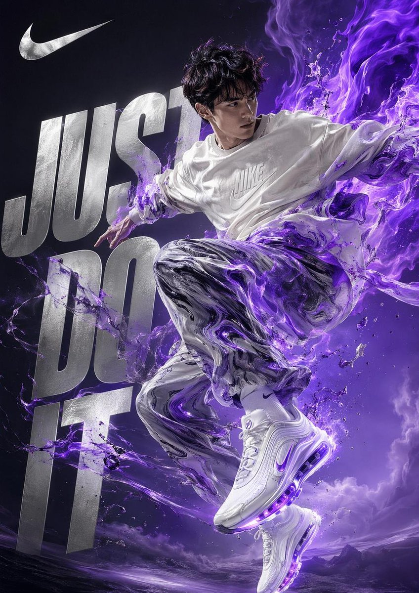 A young athlete hangs mid-leap, wrapped in swirling electric violet smoke with a metallic slogan cutting through the scene. The graphite and violet marbled…