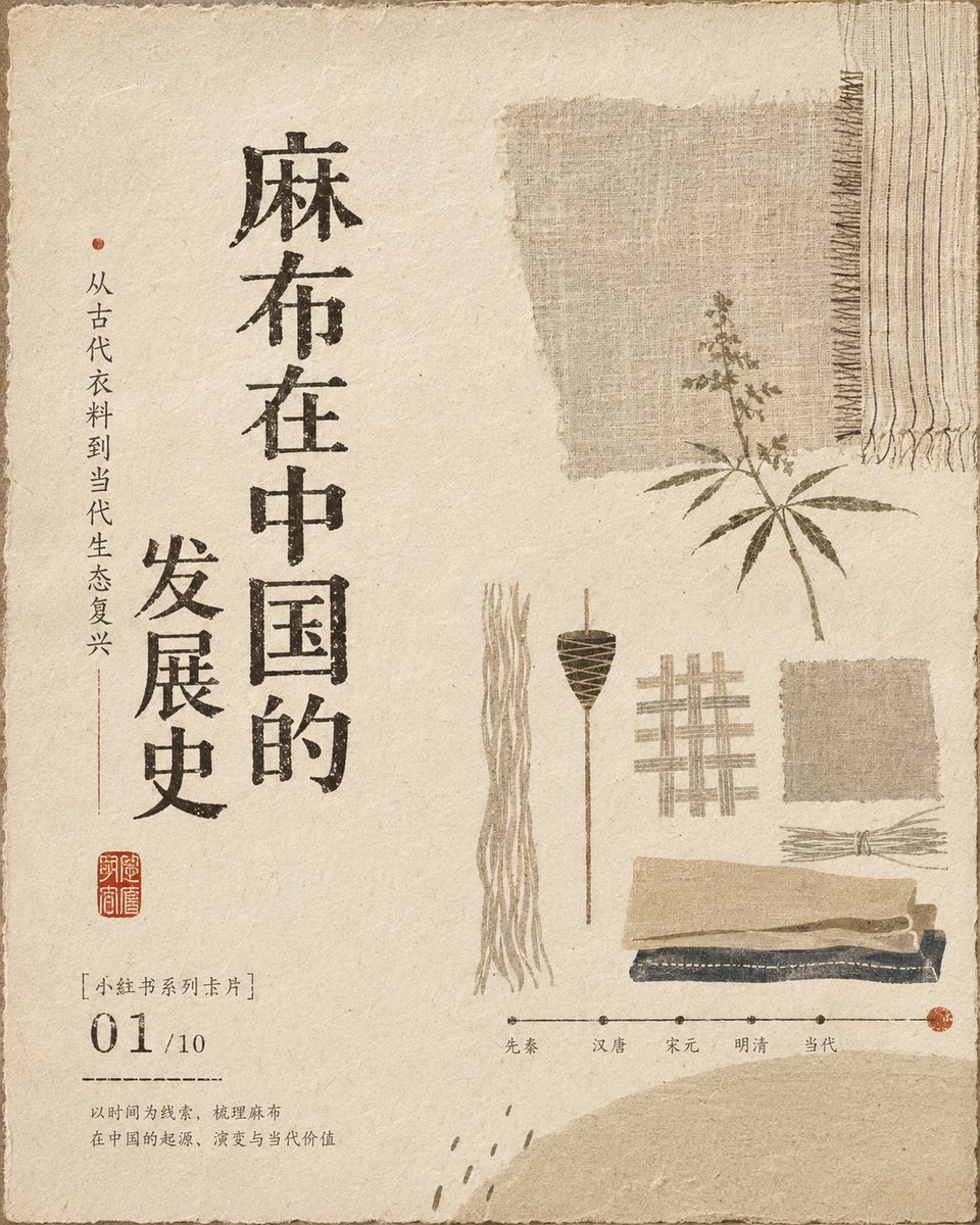 A vertical card series that traces the history of Chinese hemp and linen through worn paper textures, stencil-like folk shapes and sparse classical type. Empty…