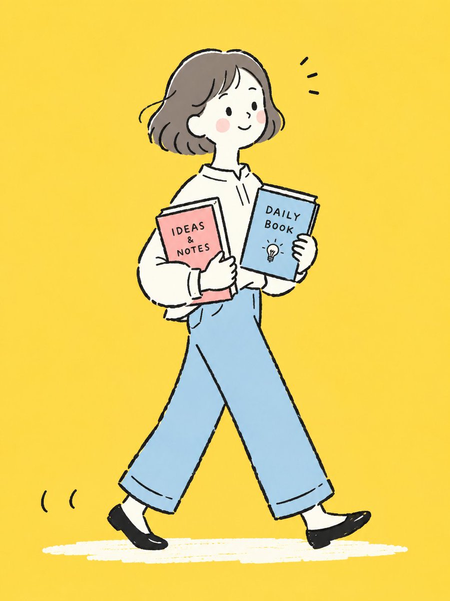 A short-haired woman strides across a bright yellow field, arms full of books, drawn with loose hand-inked lines and soft rounded shapes. The result reads like…