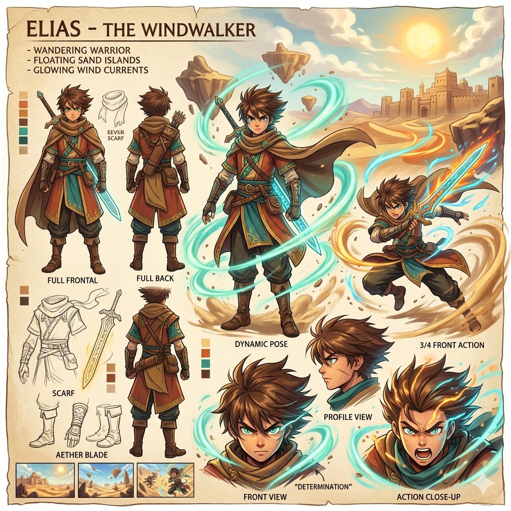 A turnaround-style page of a traveling fighter across a colorful desert of floating sand islands, with glowing wind currents and swirling elemental energy.…