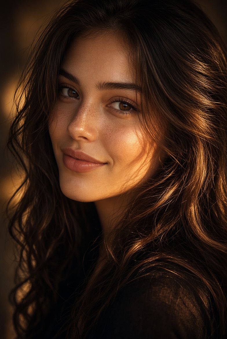 A tight, intimate portrait of a woman with dark wavy hair, lit by soft amber sunlight that catches her freckles and warm brown eyes. The blurred background…