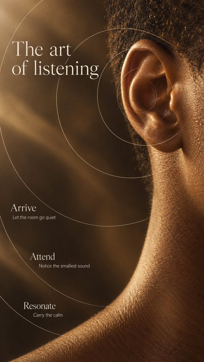 A single oversized close-up fills a tall frame in honey tones, while fine ivory serif type and faint translucent circles drift out from a real edge in the…