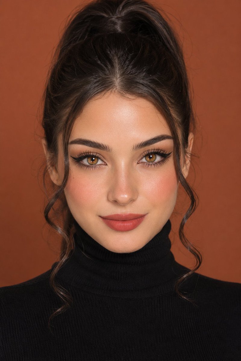 A tight, glossy headshot of a woman with glowing skin, winged liner and a rosy-mauve lip, set against a seamless burnt-orange backdrop. The warm palette and…