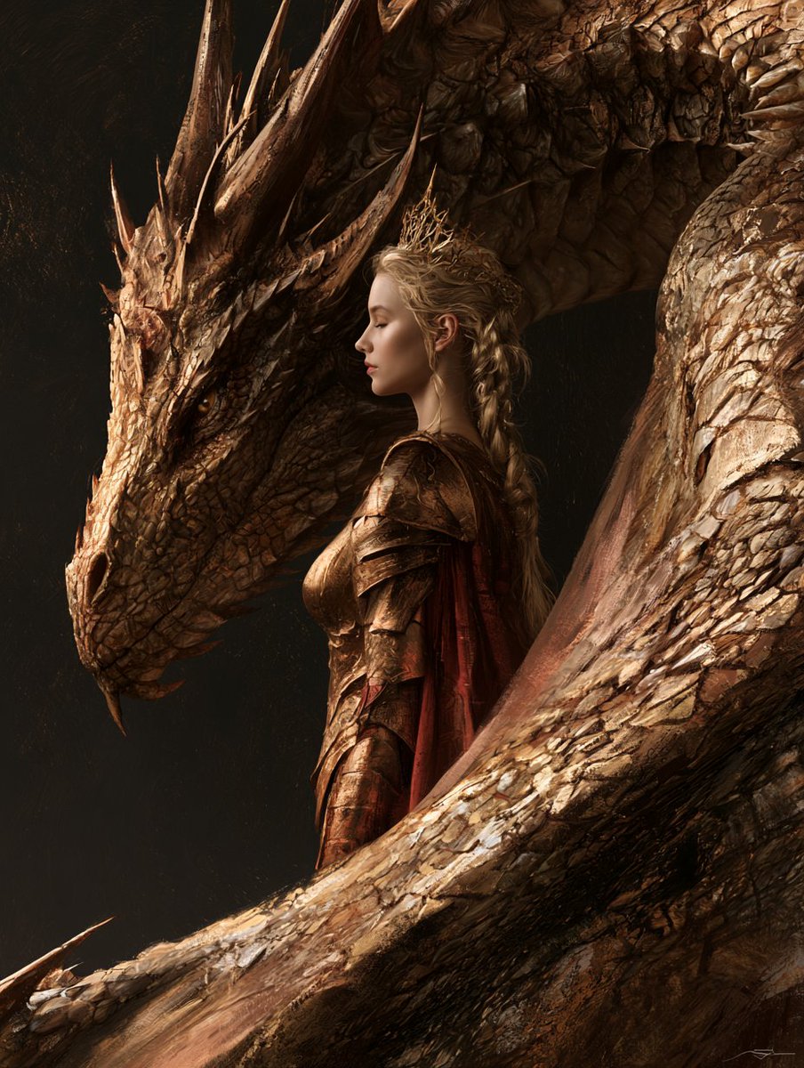 A crowned warrior queen in bronze armor stands beside a bronze-scaled dragon, its wing curving around her against a dark studio backdrop. Low key light picks…