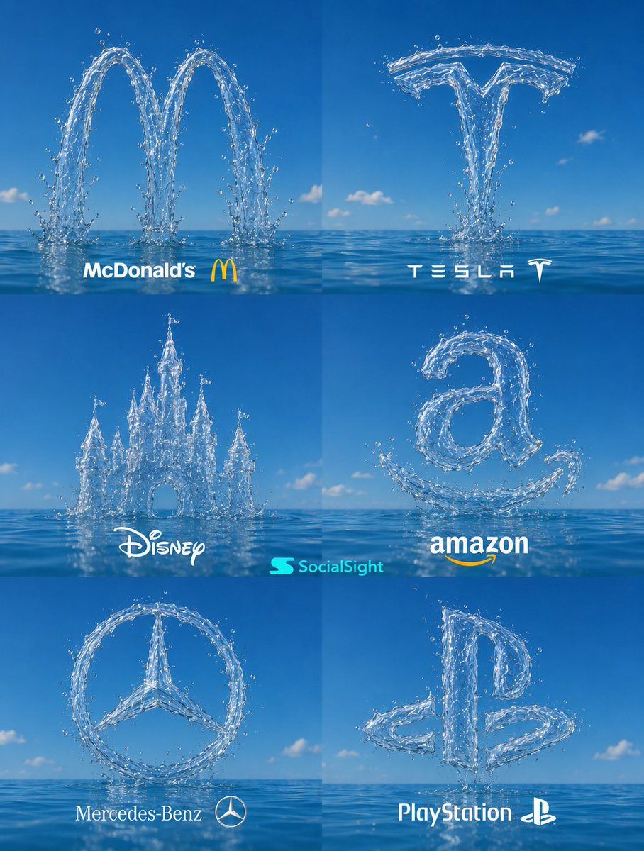 A six-panel grid where famous brand logos are shaped entirely from clear, moving water and set over a bright ocean. Each tile reads as a sharp, glossy emblem…