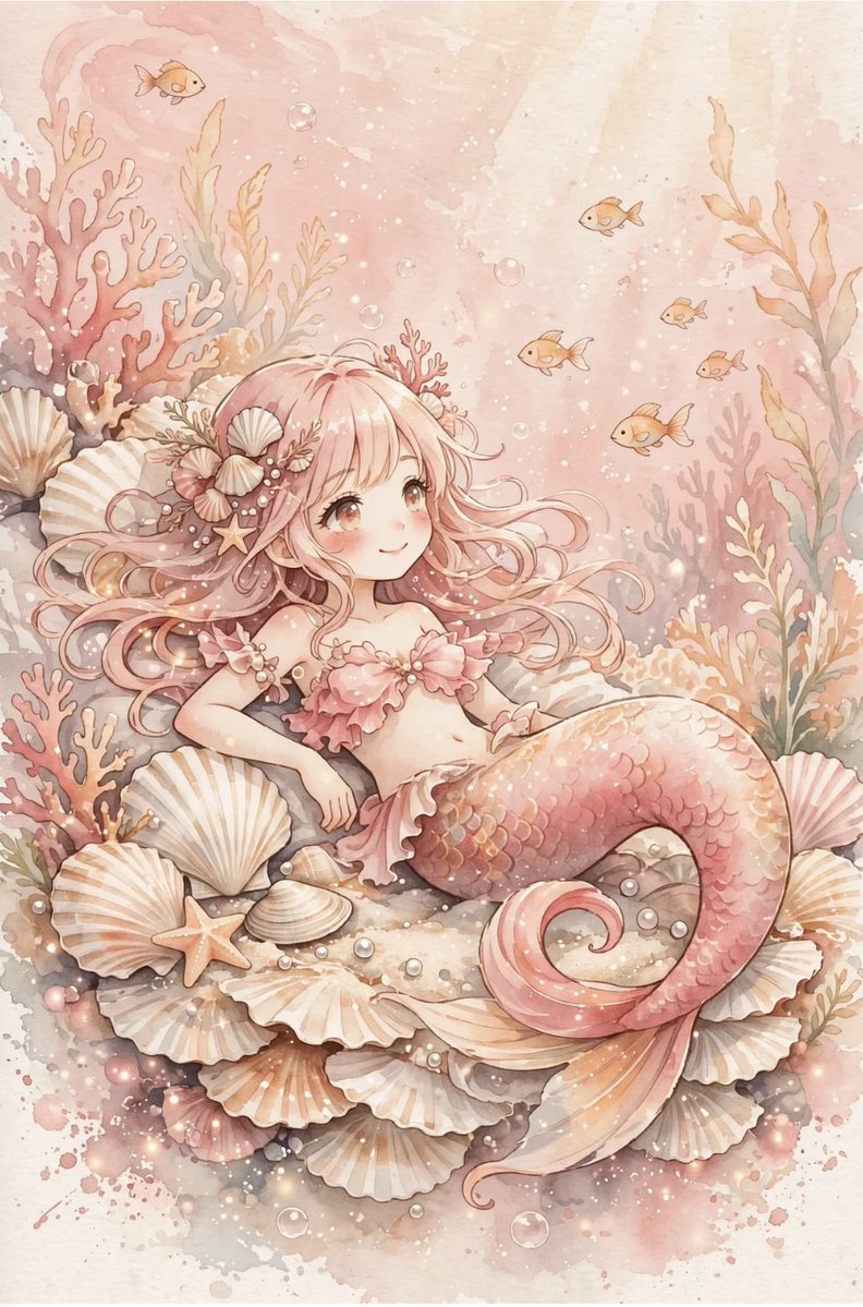 A soft, hand-drawn mermaid rests on a shell bed among pink coral, starfish, and drifting bubbles. The watercolor bleeds and paper texture give the whole scene…