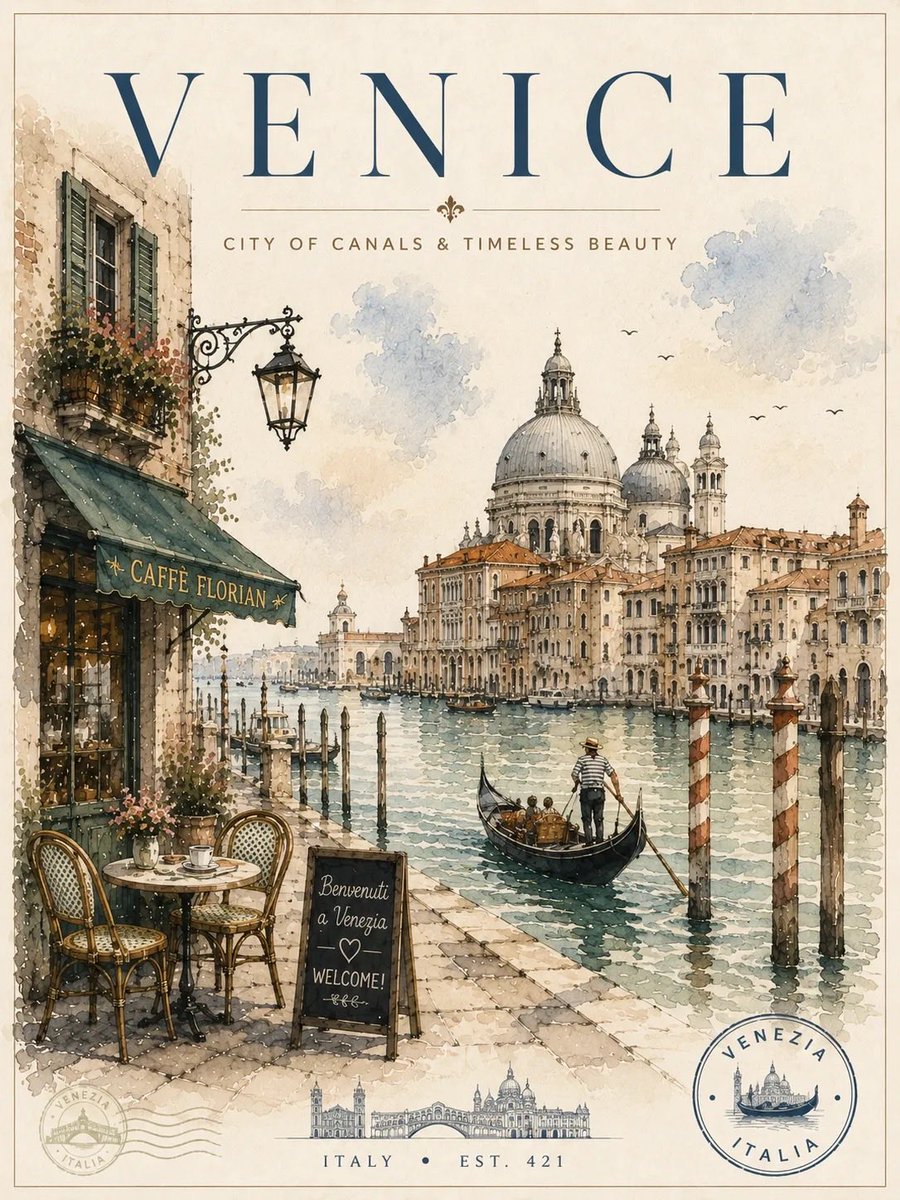 Watercolor Café Street Travel Poster — AI result, variation 3 of 4