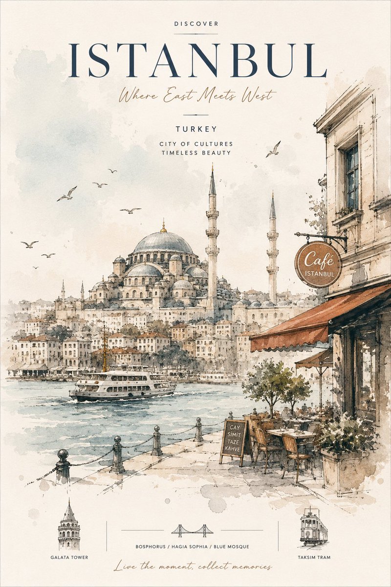 A soft, hand-drawn city scene with loose watercolor washes and fine ink lines, set in a muted palette that reads like a vintage travel print. The result feels…
