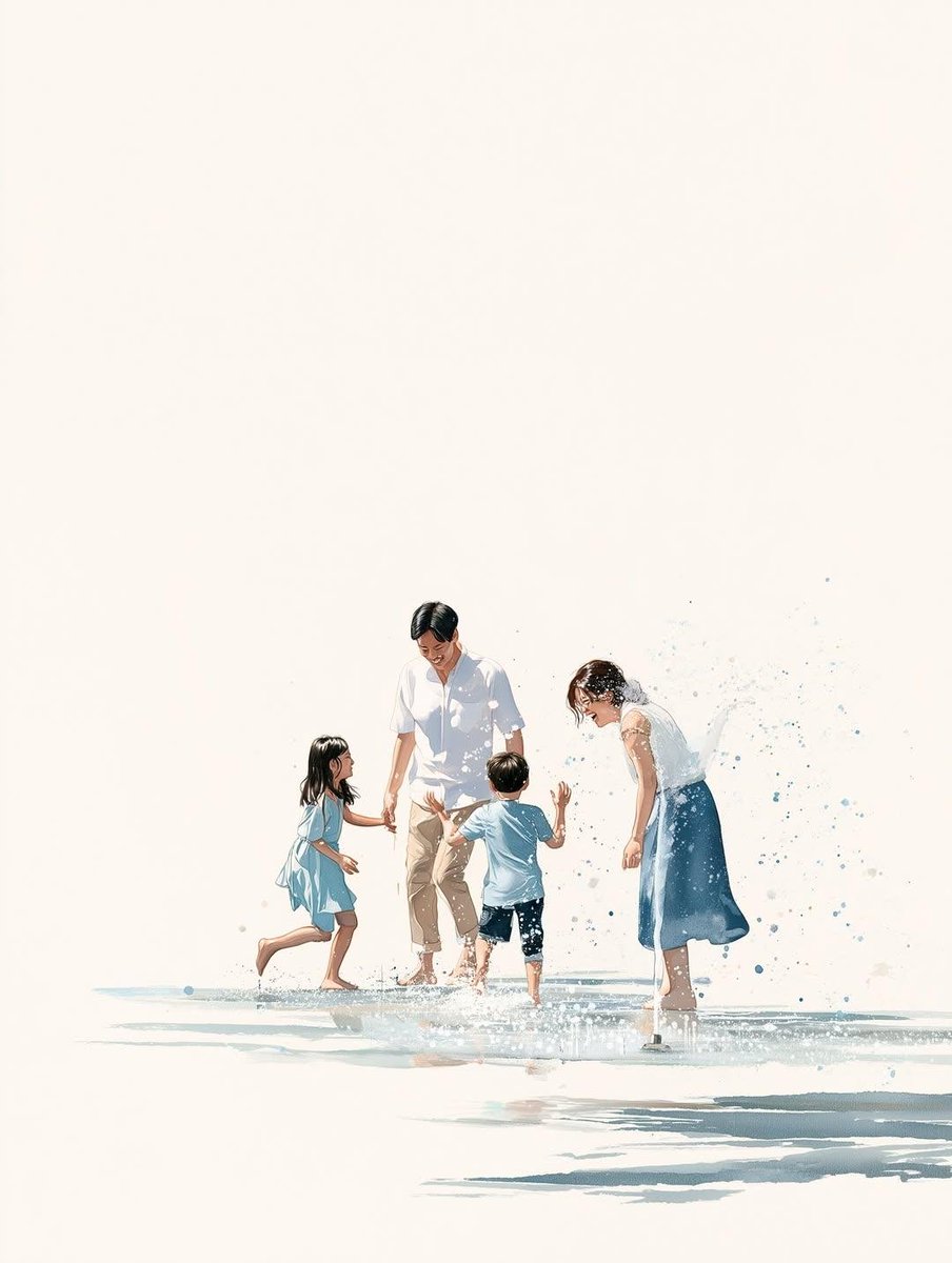 A small family of four sits in the splash zone as two dolphins leap over a turquoise pool, the mist catching their laughter. Soft blue washes and wide paper…