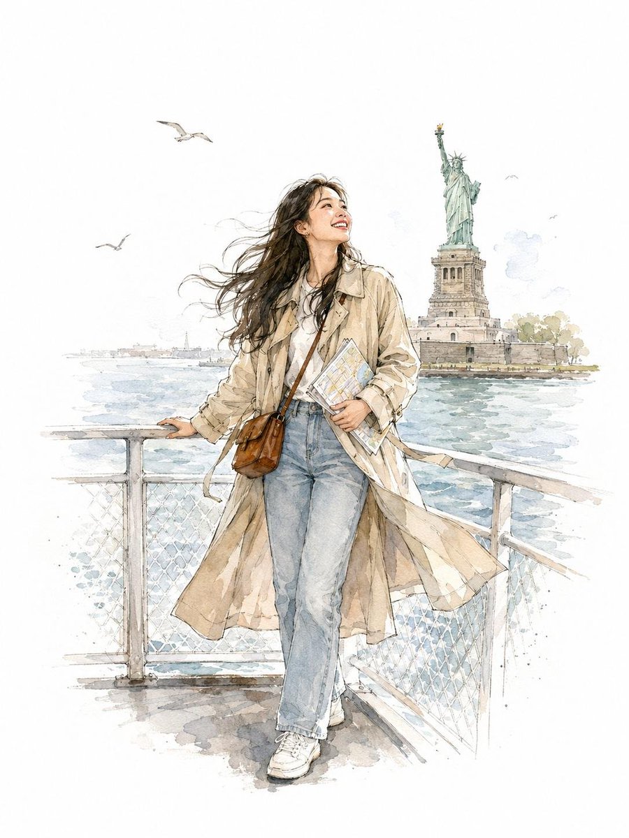 A young woman on a New York ferry deck, drawn in soft watercolor and fine ink lines against a wide white margin. The Statue of Liberty rises faintly behind her…