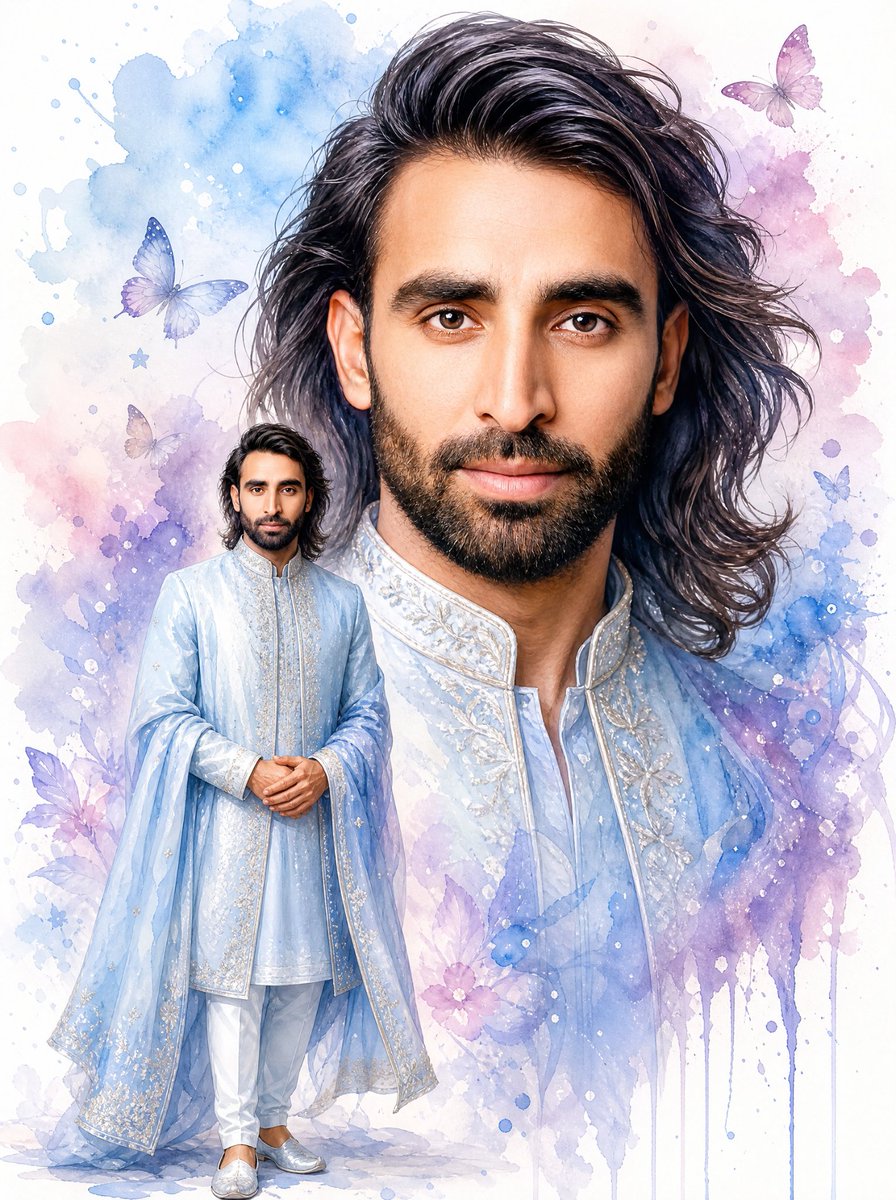 A large smiling portrait of a man sits above a smaller full-body figure in light blue embroidered attire, with butterflies drifting through soft blue, lavender…