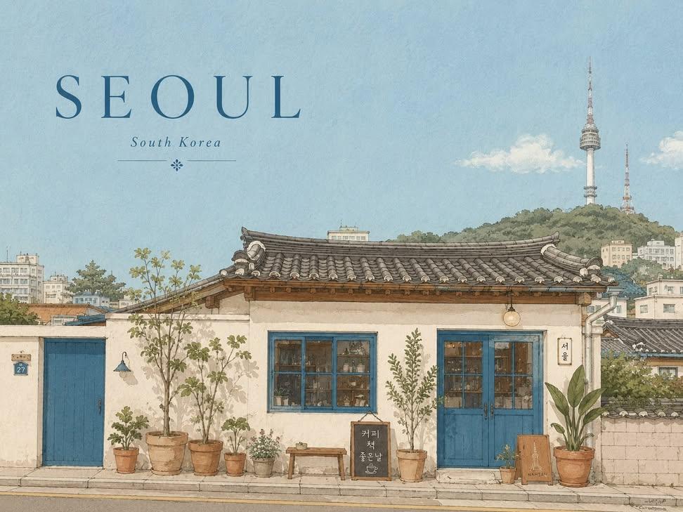 Watercolor Seoul Street House Travel Poster — AI result, variation 2 of 2