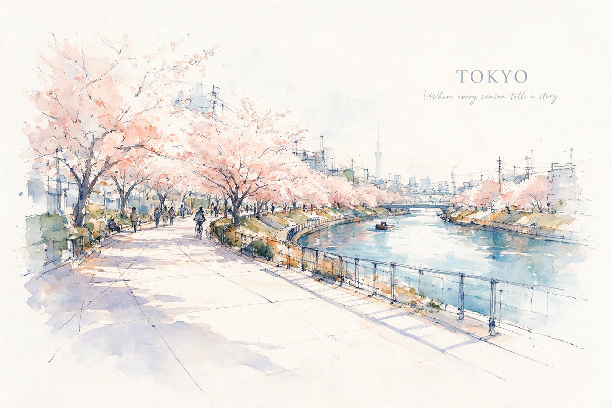 A quiet horizontal sketch of a city landmark in ink and pale watercolor, with a wide sheet of unpainted paper, a foreground that stays open, and the city name…