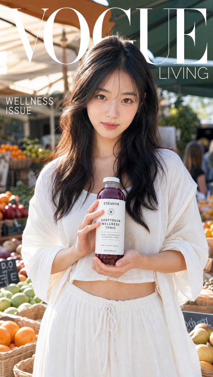 A glowing woman in a white linen set holds a wellness tonic bottle against a sunlit farmers market backdrop, styled like a glossy lifestyle magazine cover. The…