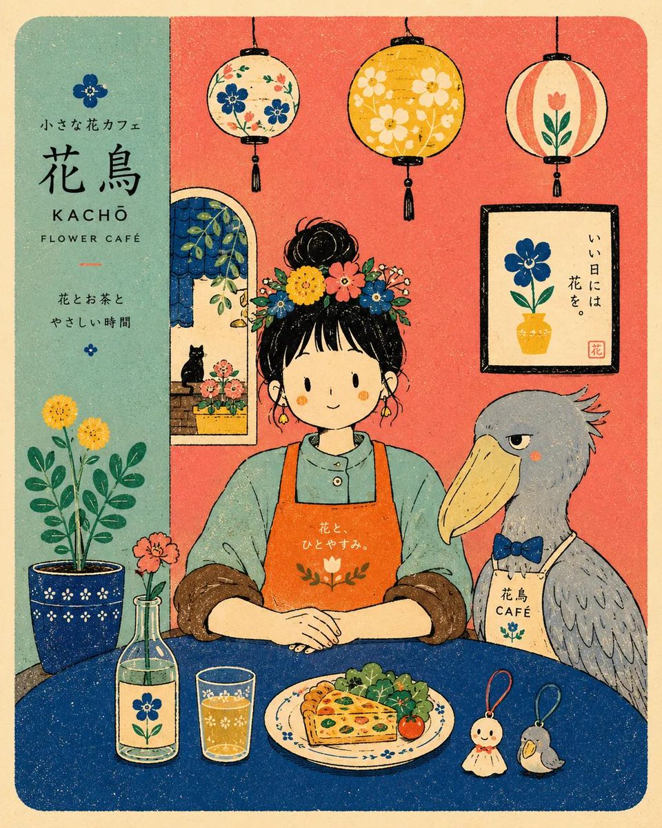 Whimsical Japanese Retro Café Illustration in Risograph Style — AI result, variation 2 of 4