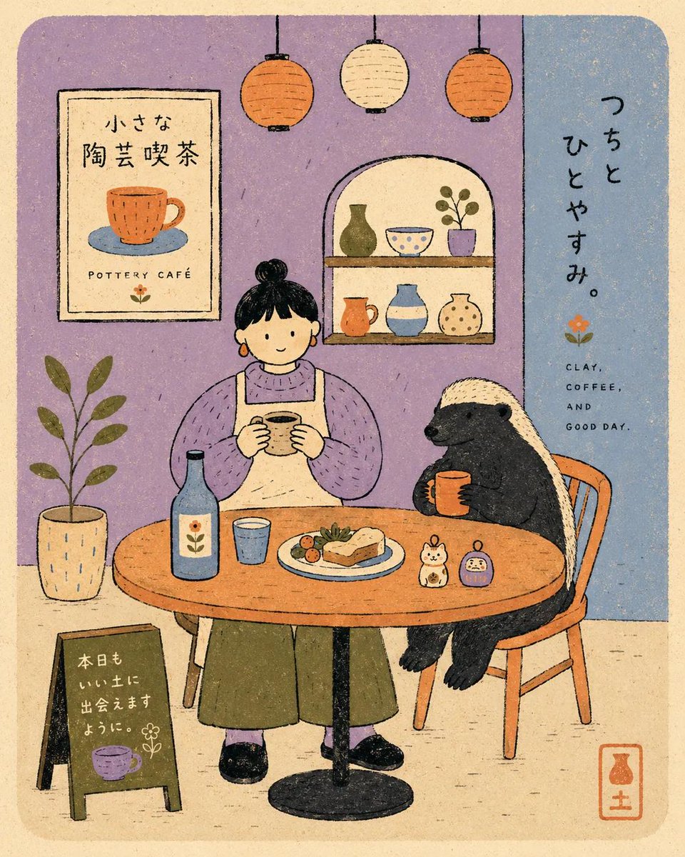 Whimsical Japanese Retro Café Illustration in Risograph Style — AI result, variation 3 of 4