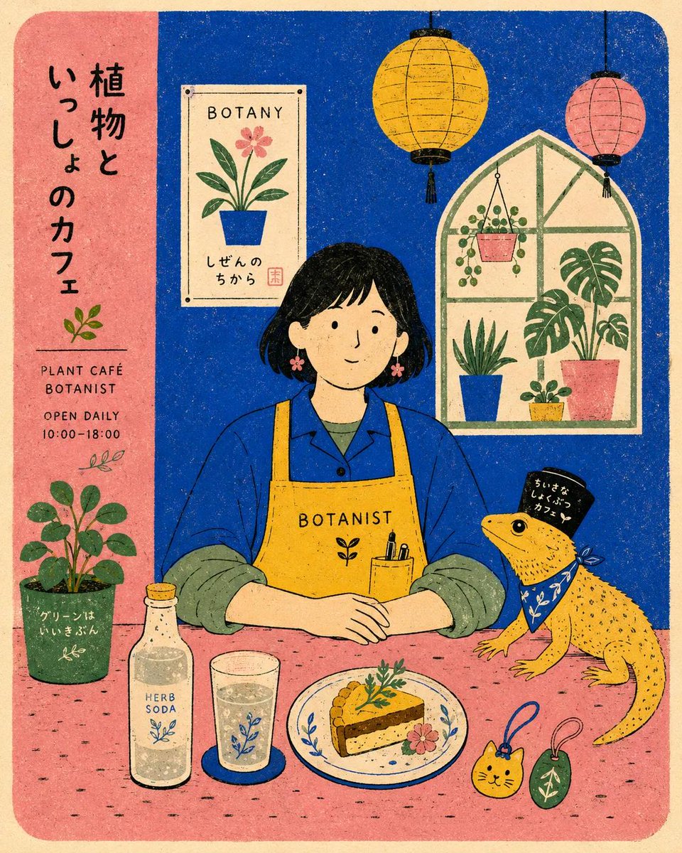 Whimsical Japanese Retro Café Illustration in Risograph Style — AI result, variation 4 of 4